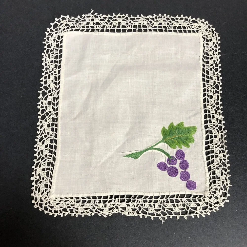 Vintage Small Table Topper Linens Square Purple Grapes Red Flowers Crochet Edge